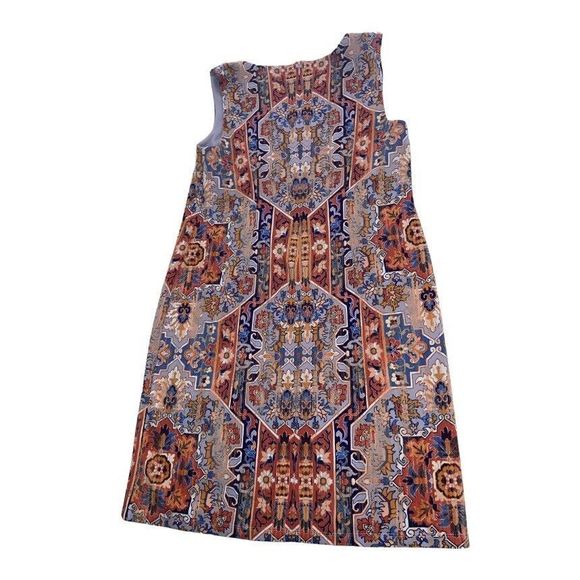 Chico's Orange Medallion Dress Chicos Size 1 US Size 8 Sheath Tile Pattern Notch - Picture 2 of 7